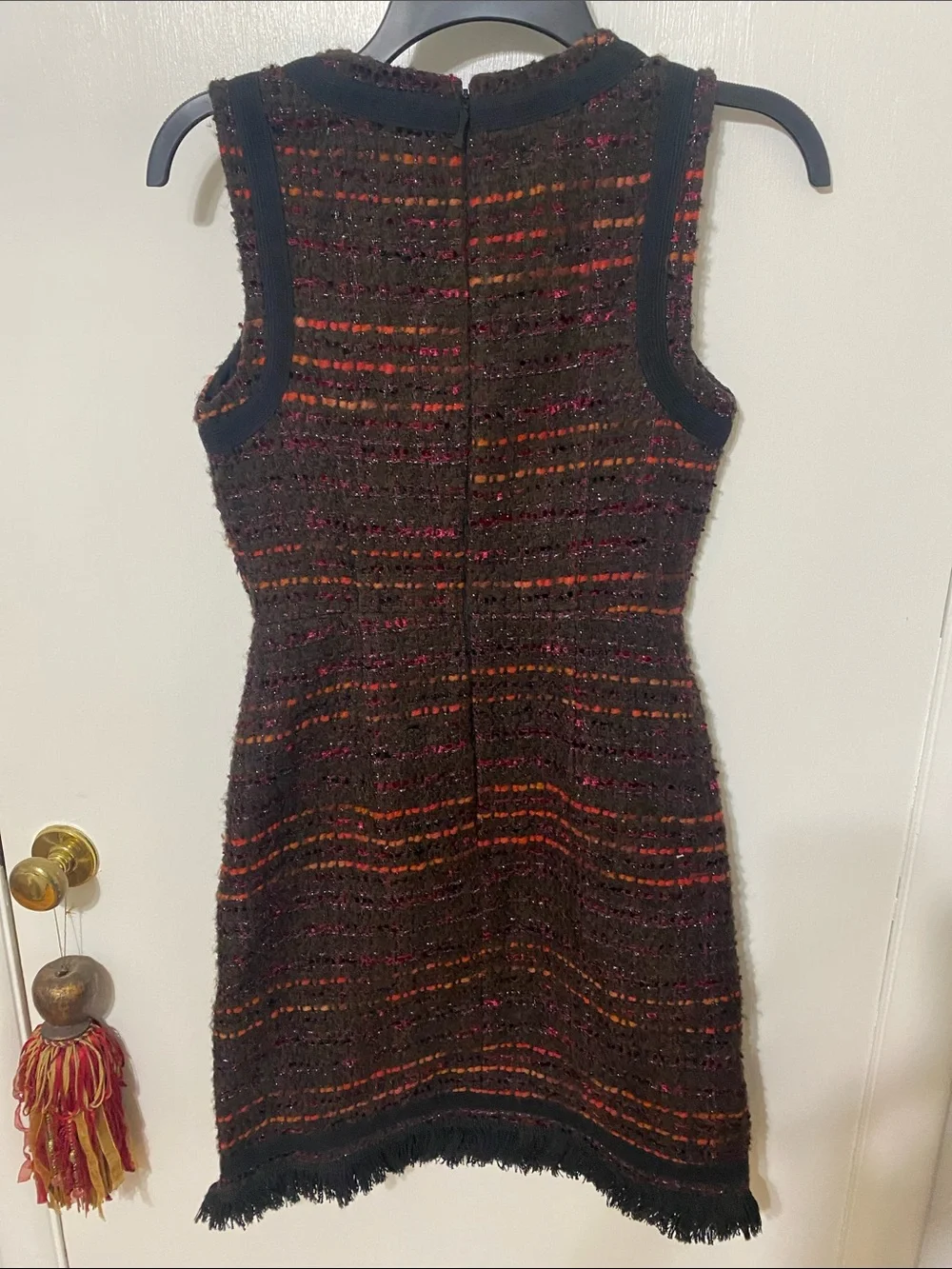 kate spade Black Tweed Mini Dress with Red & Orange Stripe Detail